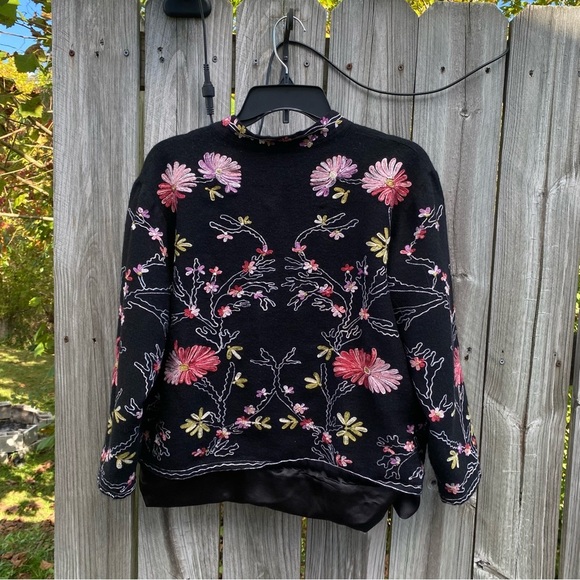 Boston Proper Acrylic Wool Blend Black Jacket with Colorful Floral Embroidery M - Picture 7 of 8
